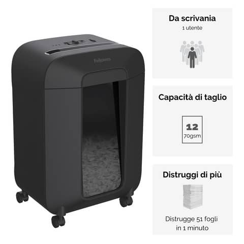 Distruggidocumenti uso personale LX85 - P-4 - 19 L - taglio a frammenti 4x40 mm Fellowes Powershred® nero - 4400801